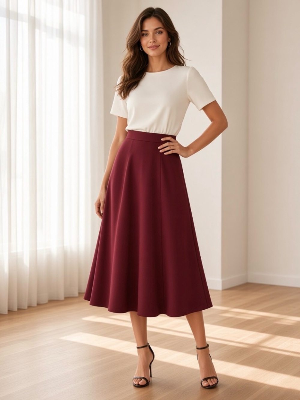 Vintage A-Line Midi 100% Wool Skirt in Burgundy